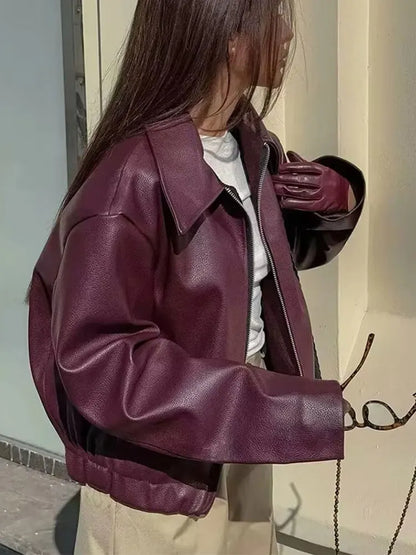 Wine Red Faux Leather Jacket – Autumn Winter Streetwear Fashion Outerwear Women