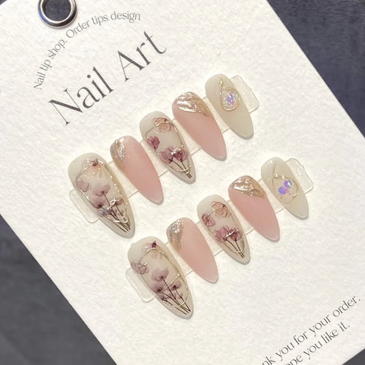  Handmade Almond Press on Nails Korean Hand Paint Reusable Adhesive False Nails with Design Acrylic Artificial Manicure for Girls -  - DYAVOR® 