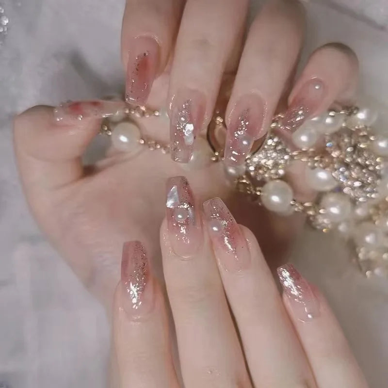 Autumn French False Nails with Butterfly Pearl Decor Bride Fake Nail Wearable Press on Nails Coffin Ballet Nail Tips for Girls -  - DYAVOR® 