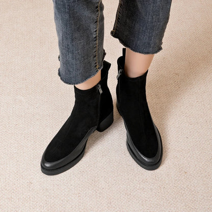 Genuine Leather Chunky High Heel Short Boots Pointed Toe Women