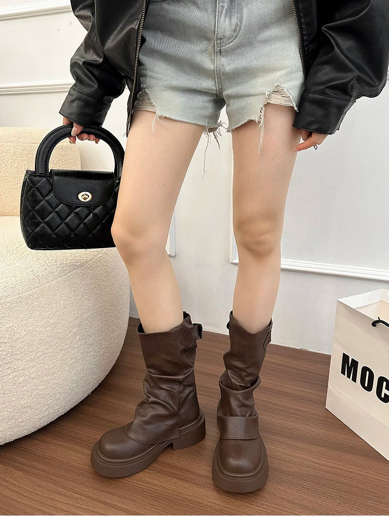 Western Cowboy Booties Thick Heel Pleated Slip-On Designer Trendy Streetwear Women