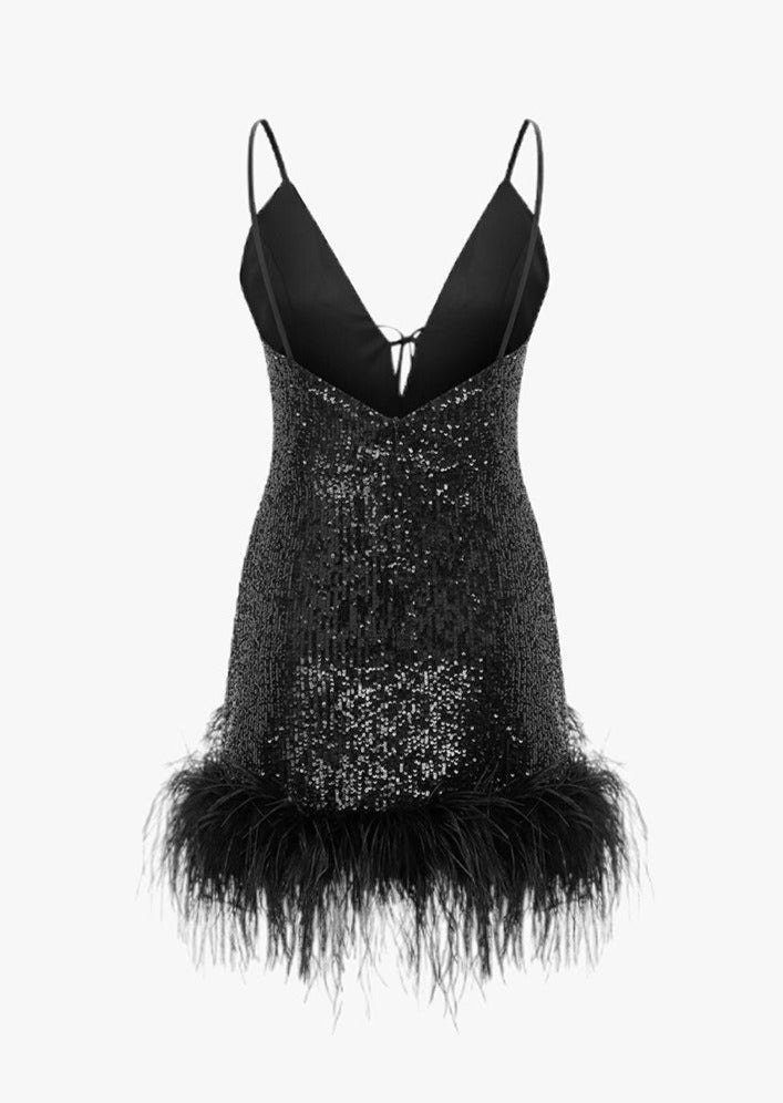  Black Sequined Mini Dress with Feathers -  - DYAVOR® 