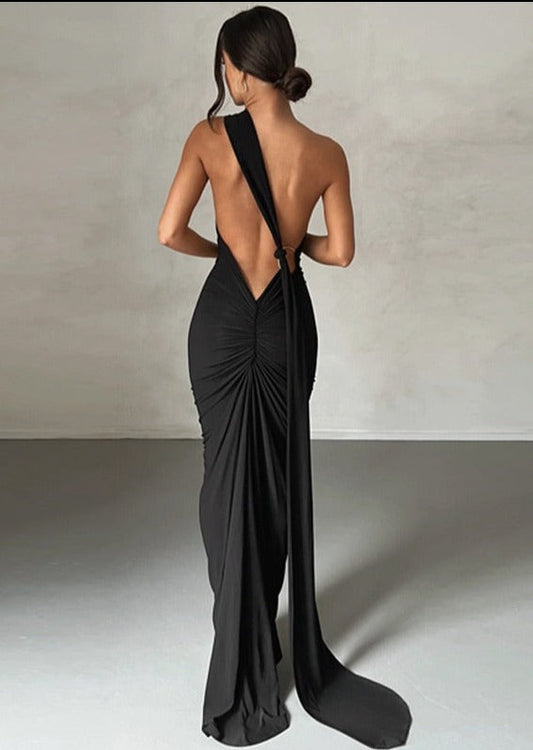  Draped Black Maxi Dress with Asymmetrical Neckline -  - DYAVOR® 