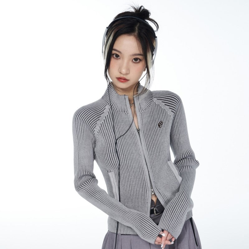 Vintage Double Zip Street Long Knitted Cardigan Women Coat Spring Cool Girl Autumn Slim Sweaters Y2k Aesthetic Jackets 2023