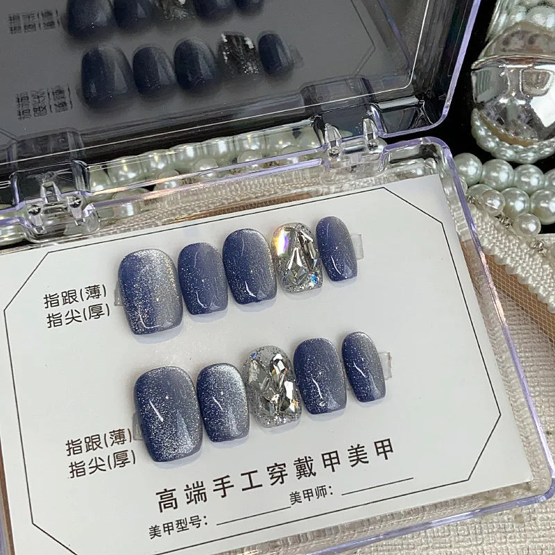  10pcs handmade false nails ballet short glitter pink cat eyes fake nails with glue full cover Nude White press on acrylic nails -  - DYAVOR® 
