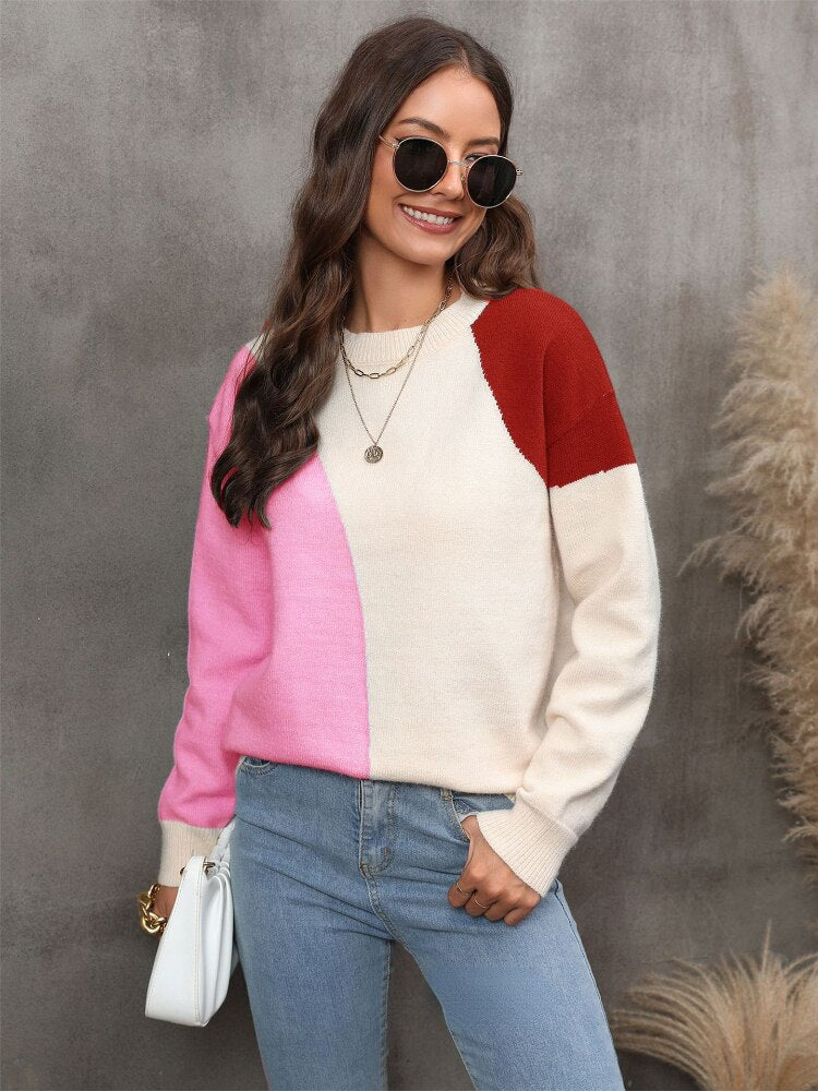 Ladies Sweater New Contrast Knit Pullover Fashion Round Neck Long Sleeve Knitwear Tops Streetwear Women's Winter Blouse 2023