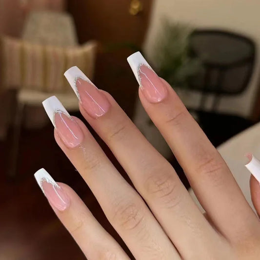  24Pcs Long Ballet Fake Nails Shiny White French Coffin False Nails Simple Wearable Manicure Press on Nails Full Cover Nail Tips -  - DYAVOR® 