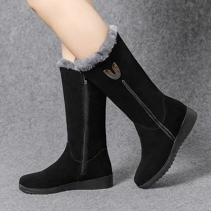 Chelsea Fur Boots Women Winter Mid-Calf Chunky Flat Snow Shoes