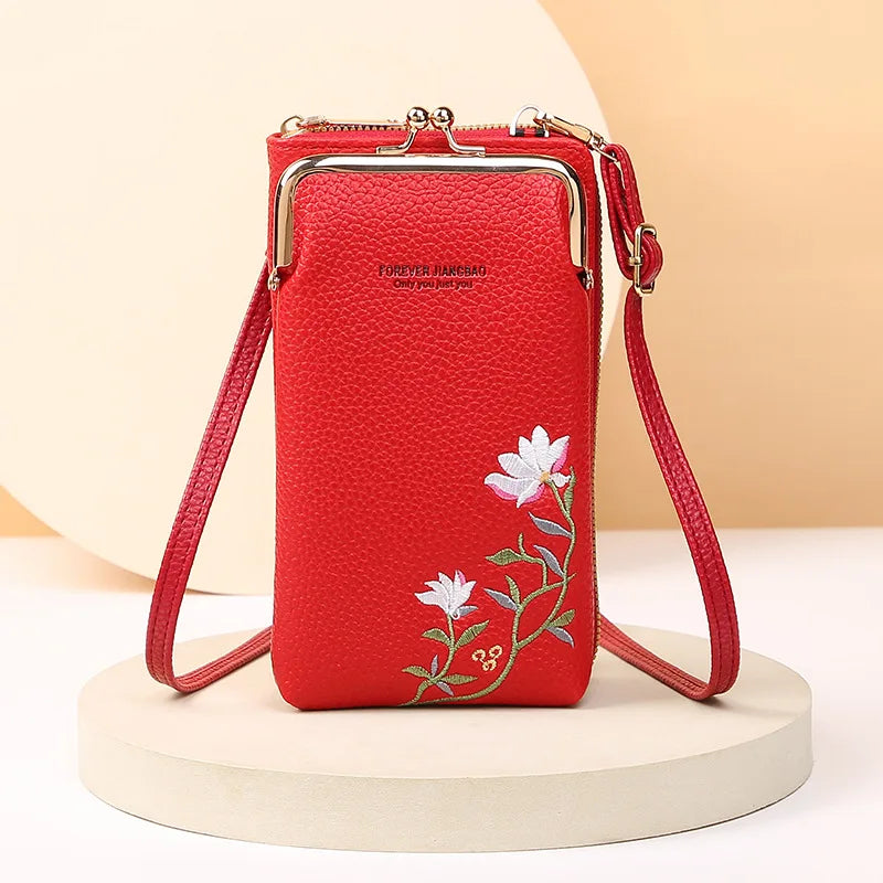 Elegant Floral Leather Mini Crossbody Bag – Mobile Phone Purse & Messenger Wallet