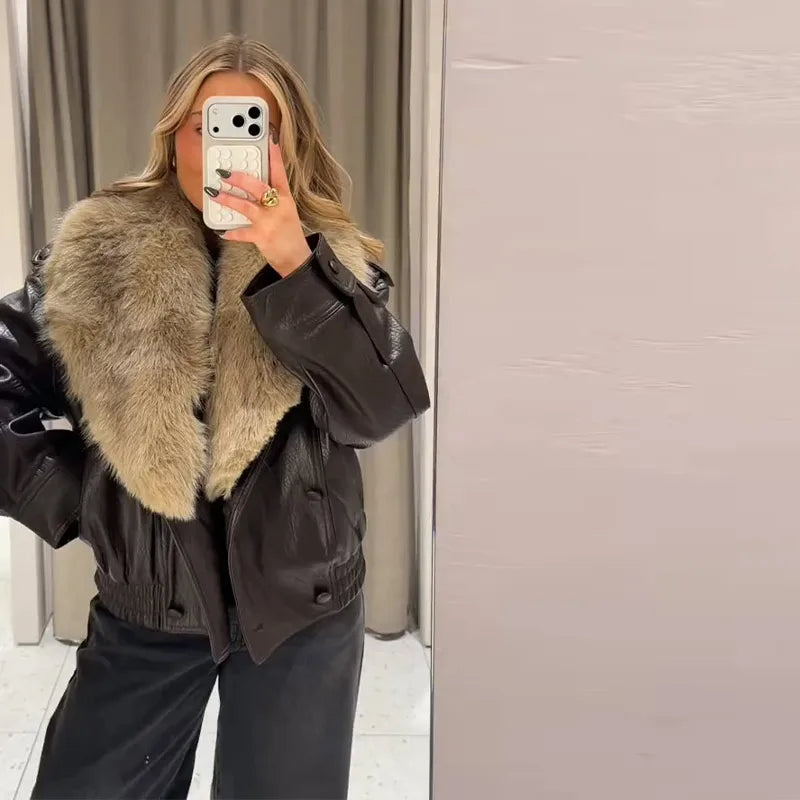 Women’s Double-Breasted Leather Jacket with Detachable Fur Collar