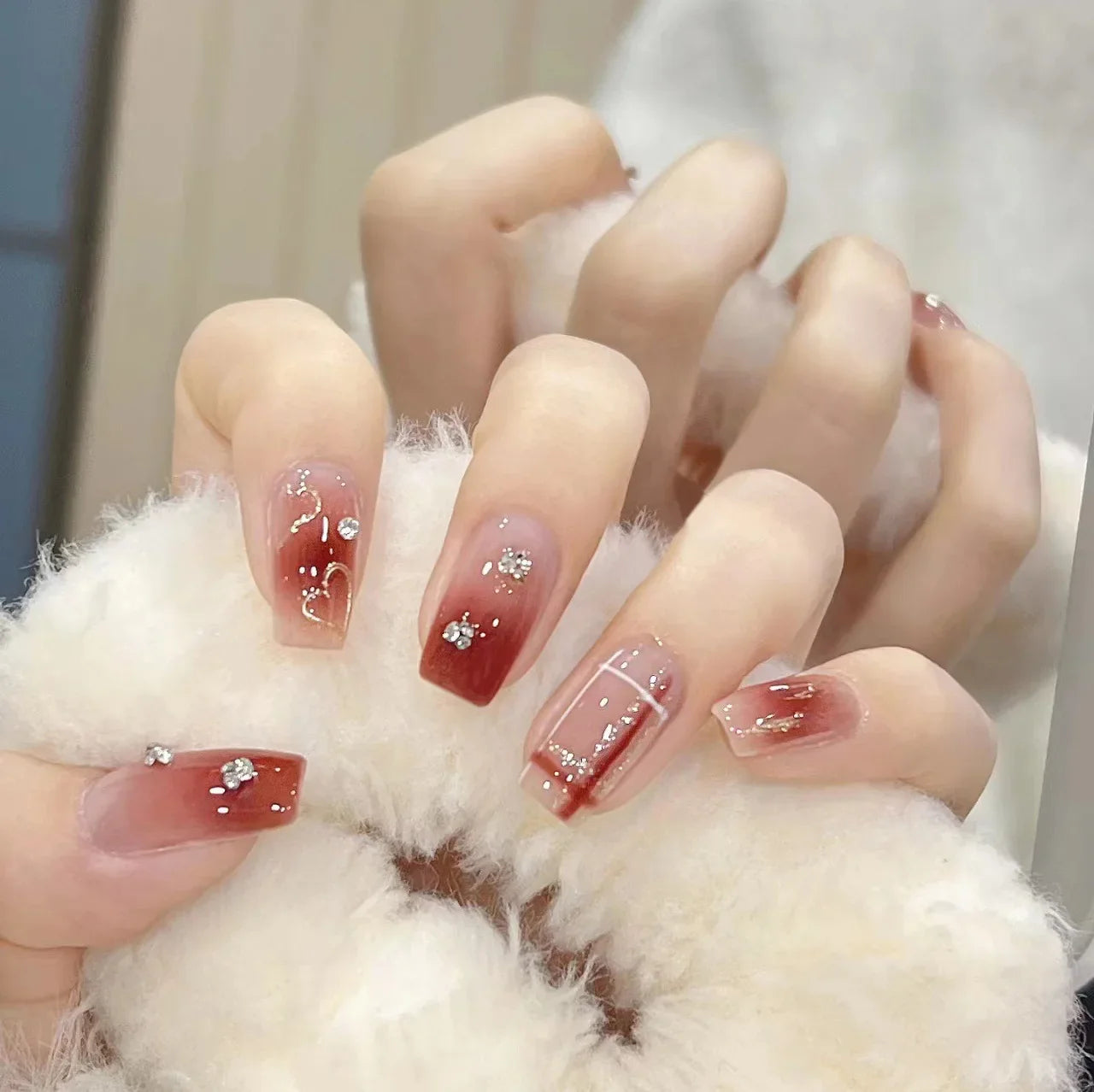  Wearable Silver Stripes Y2k False Nails Long Almond Round Fashion Nail Tips Press On With Silver Beads Designs Fake Nails Art -  - DYAVOR® 