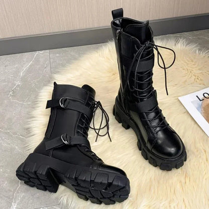 Women Mid-Calf Motorcycle Boots Punk Gothic Black High Heel Cosplay Long Knight Boots Women