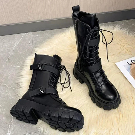 Women Mid-Calf Motorcycle Boots Punk Gothic Black High Heel Cosplay Long Knight Boots Women