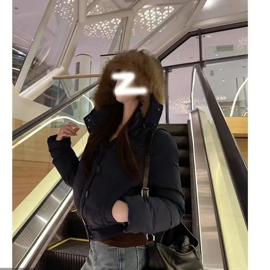 American Retro Fur Collar Hooded Cotton Coat – Warm Loose Casual Winter Jacket for Women