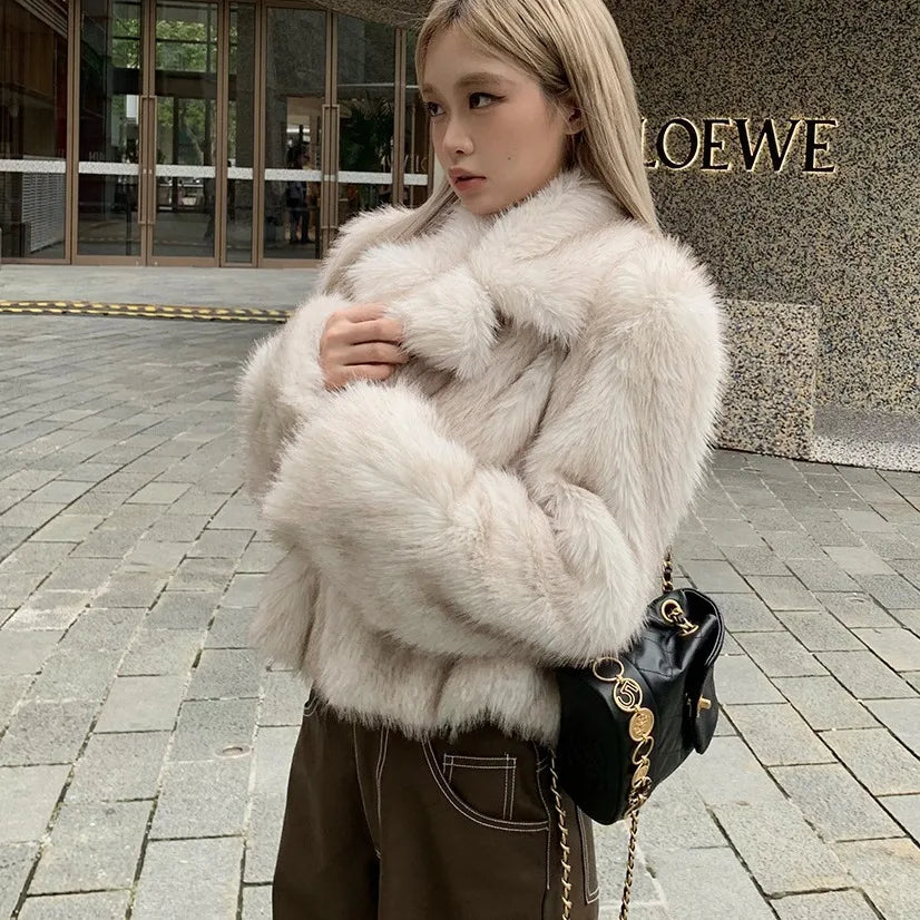 Luxury Autumn Winter Fur Coat Short Fluffy Fox Fur Jacket Cropped Women