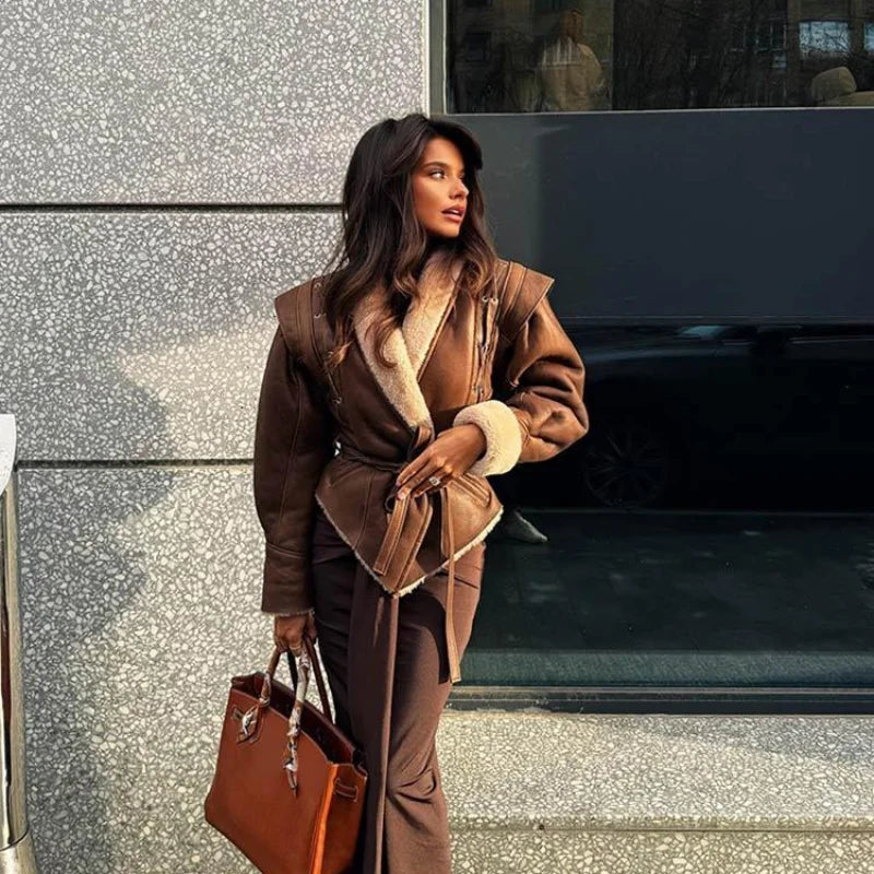 Leather Jacket with Belt & Fur Collar For Women | Elegant Streetwear Coat
