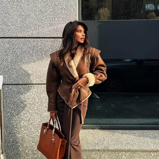 Leather Jacket with Belt & Fur Collar For Women | Elegant Streetwear Coat