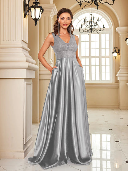 Elegant Sequin Deep V-Neck Satin Evening Dress – Floor-Length Formal Gown