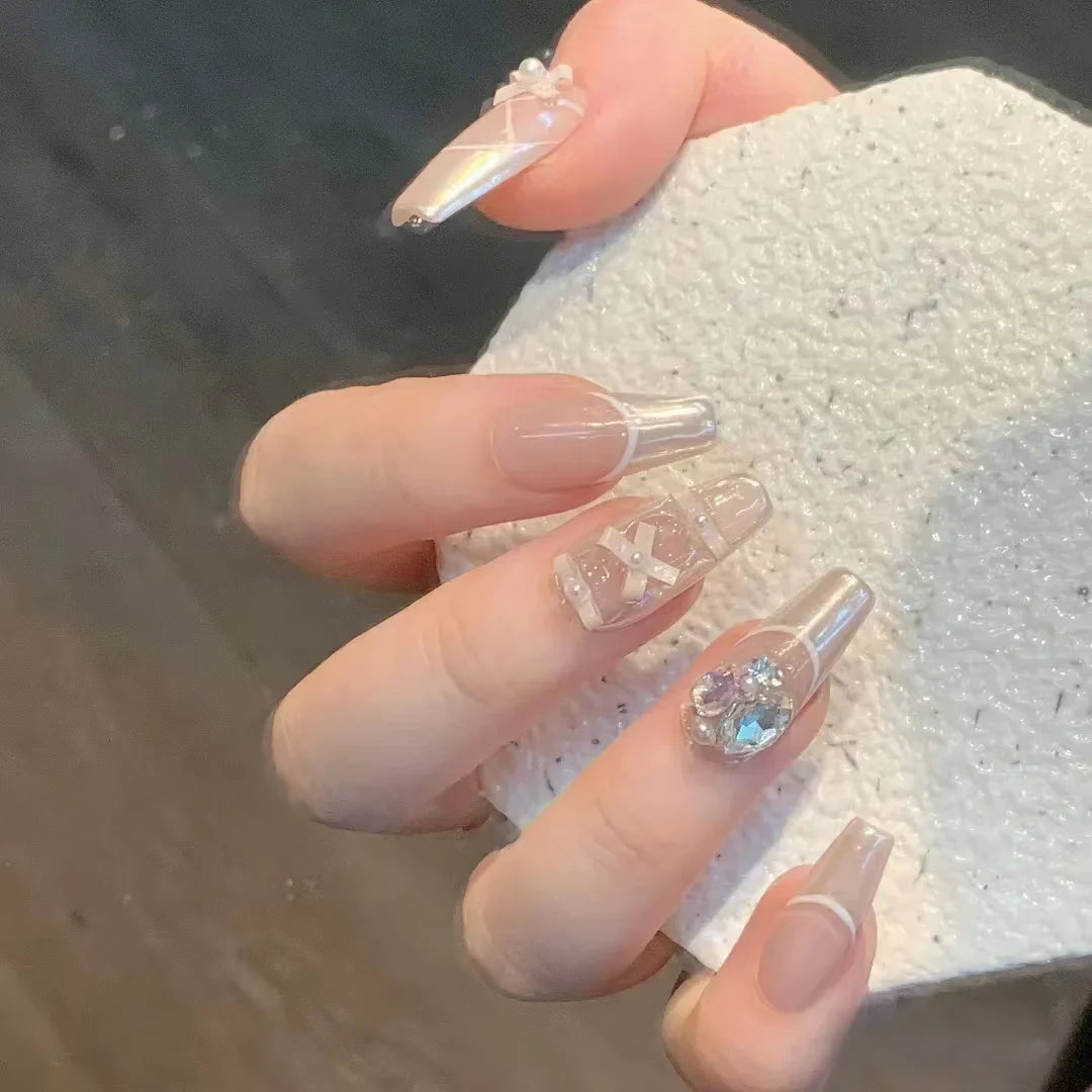  Wearable Silver Stripes Y2k False Nails Long Almond Round Fashion Nail Tips Press On With Silver Beads Designs Fake Nails Art -  - DYAVOR® 