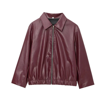 Wine Red Faux Leather Jacket – Autumn Winter Streetwear Fashion Outerwear Women
