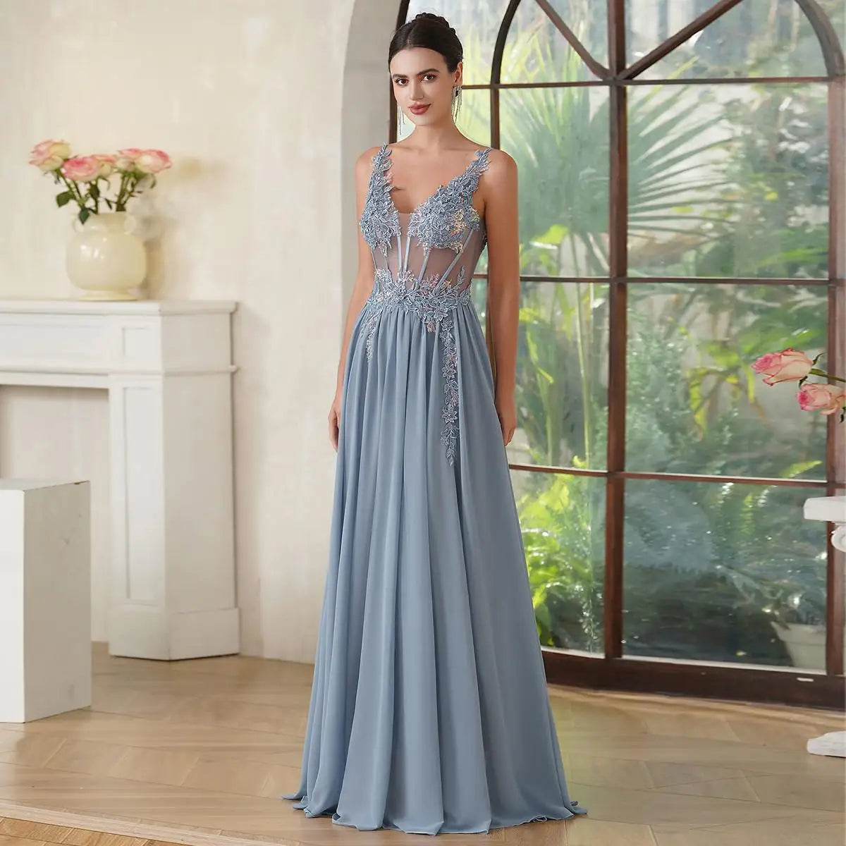 Elegant Navy Blue A-Line Beaded Evening Dress – Spaghetti Strap Illusion Prom Gown for Women