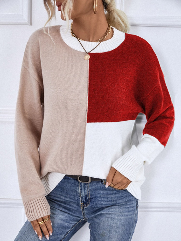 Long Sleeve Top Women Clothing New Color Contrast Round Neck Knitted Pullover Casual Loose Sweater Streetwear Autumn Winter 2023