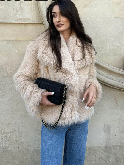 Fashion Cropped Faux Fur Jacket Long Sleeve Snap-button Chic Thick Coat Women