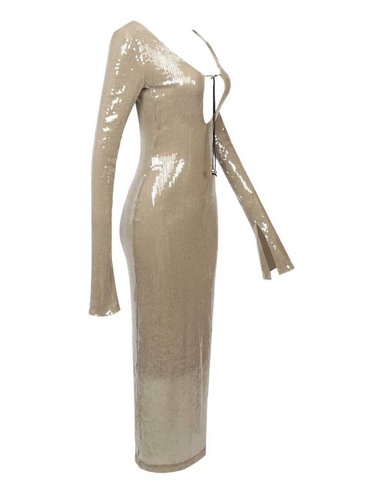  Sequined Beige Maxi Dress -  - DYAVOR® 