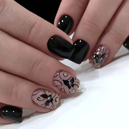  Press on Nails Black Butterfly French Fake Nails Rhinestone False Nail Patch Short Ballet Full Cover Artificial Art Nail Tip -  - DYAVOR® 