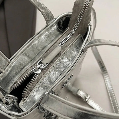 Korean Trend Silver Mini Square Leather Shoulder Bag – High-Quality Crossbody Purse