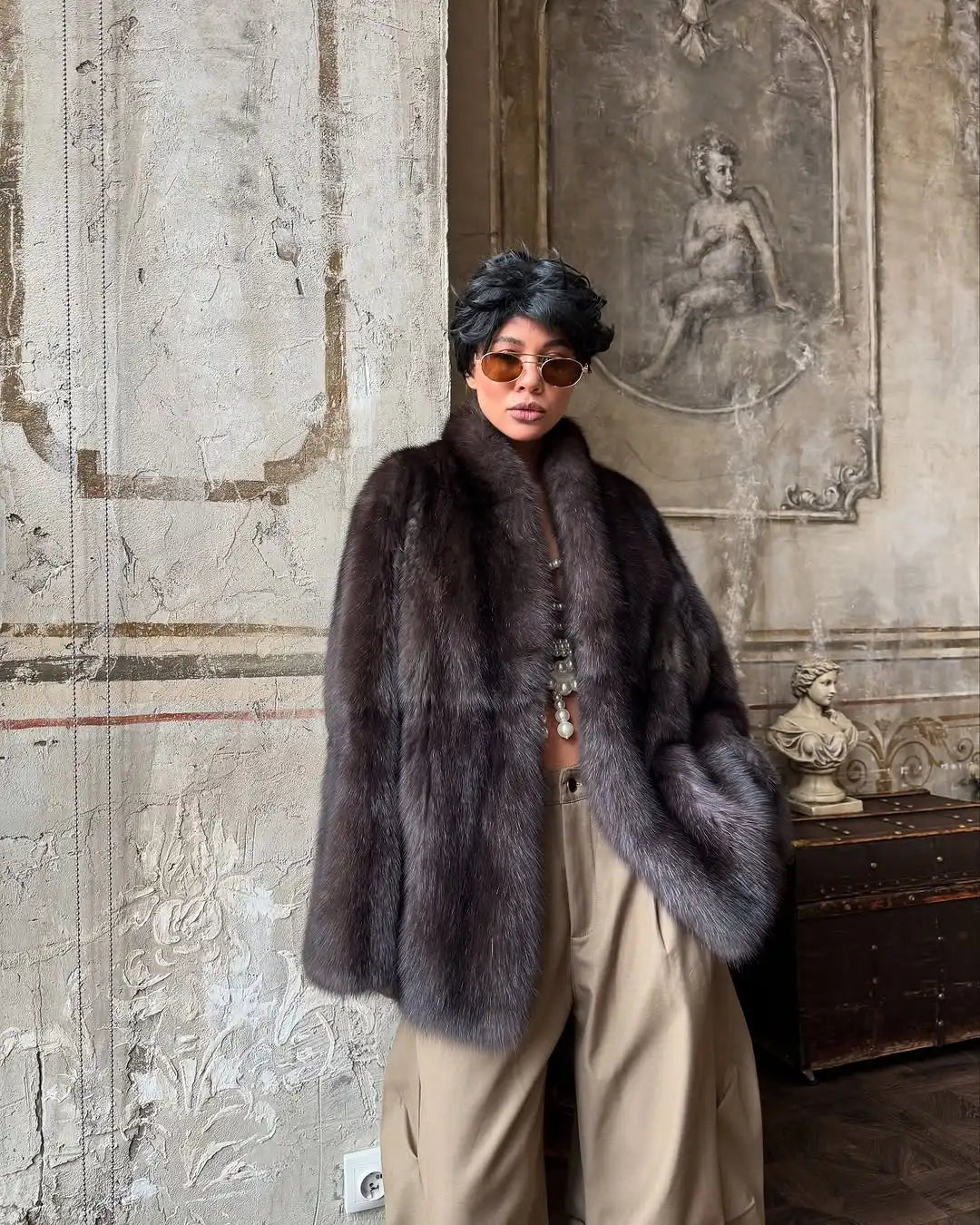 Women’s Medium Fur Coat – Elegant Lapel Overcoat Multicolor 2025