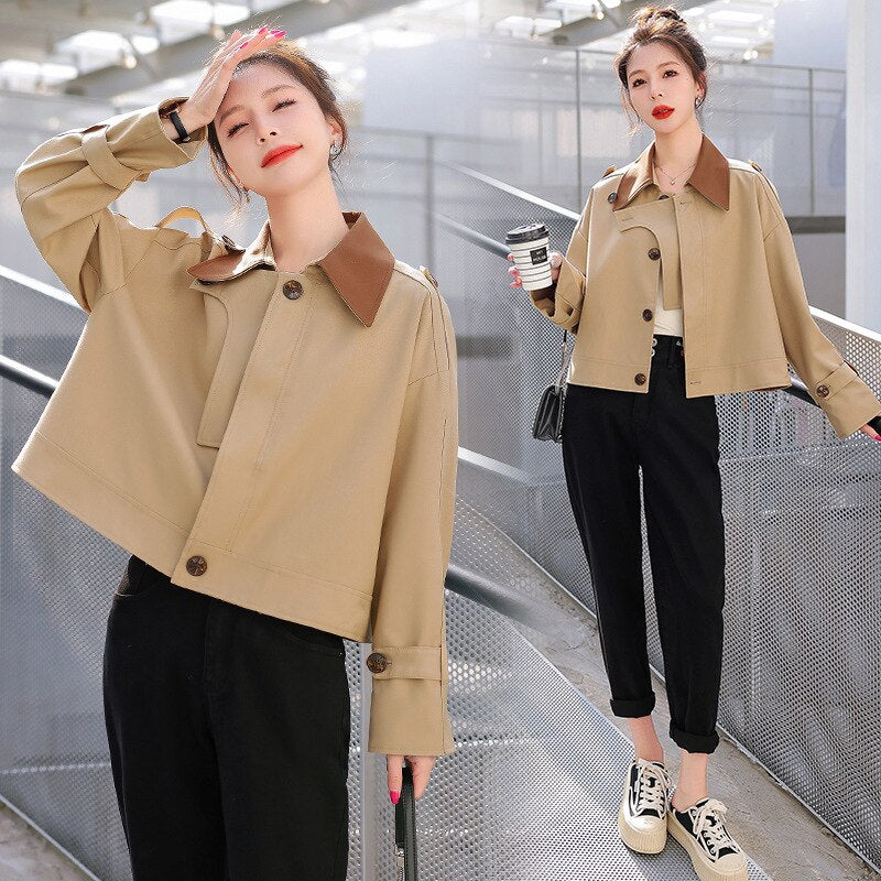 British style short windbreaker women's 2023 spring and autumn new single breasted fashionable loose contrast casual jacket