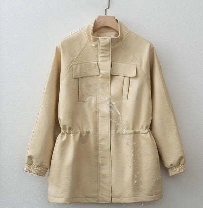 Fall Fashion Faux Leather Jacket with Adjustable Elastic Waist – Trendy Autumn Outerwear Women