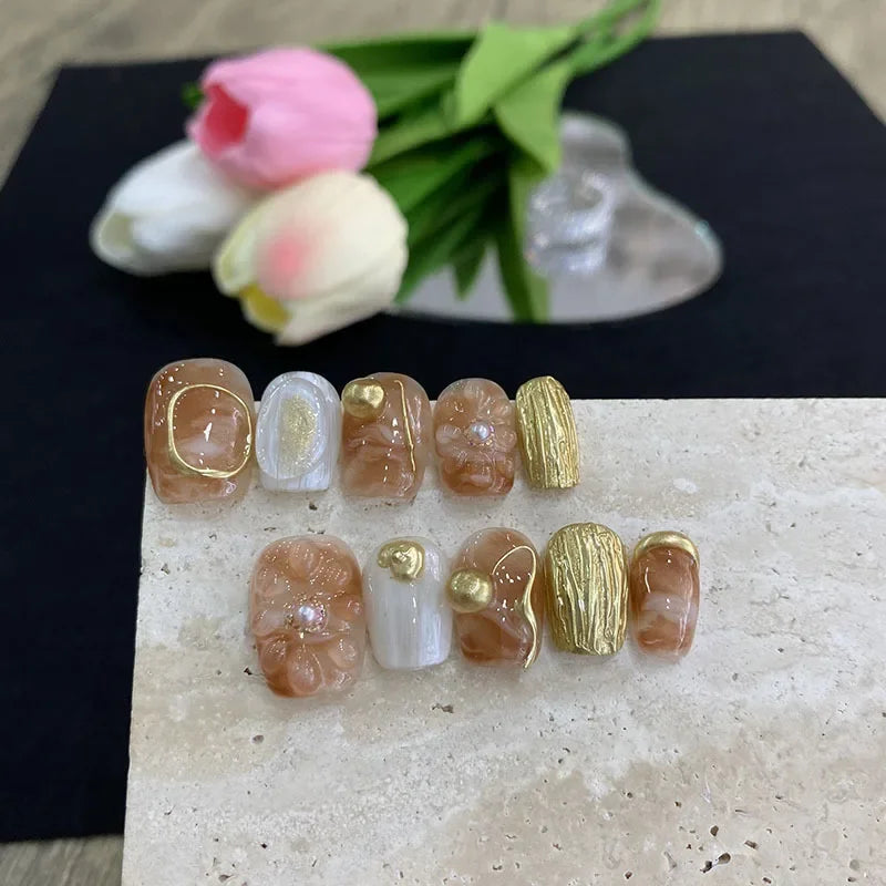  10pcs Handmade gold foil 3D charms flowers press on nails short square head false nails with glue ballet acrylic fake nails tips -  - DYAVOR® 