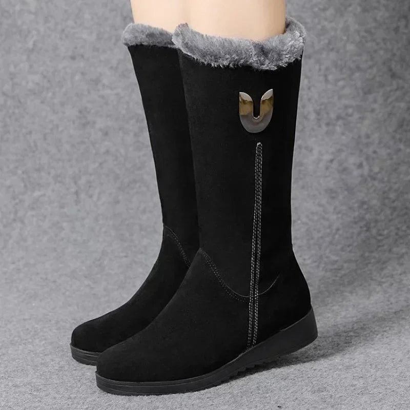 Chelsea Fur Boots Women Winter Mid-Calf Chunky Flat Snow Shoes