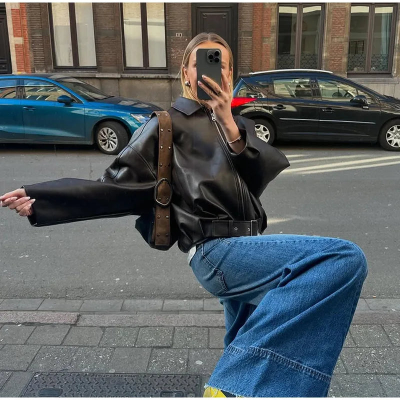 Vintage Leather Bomber Jacket – Zipper Lapel Belted Streetwear Coat for Women