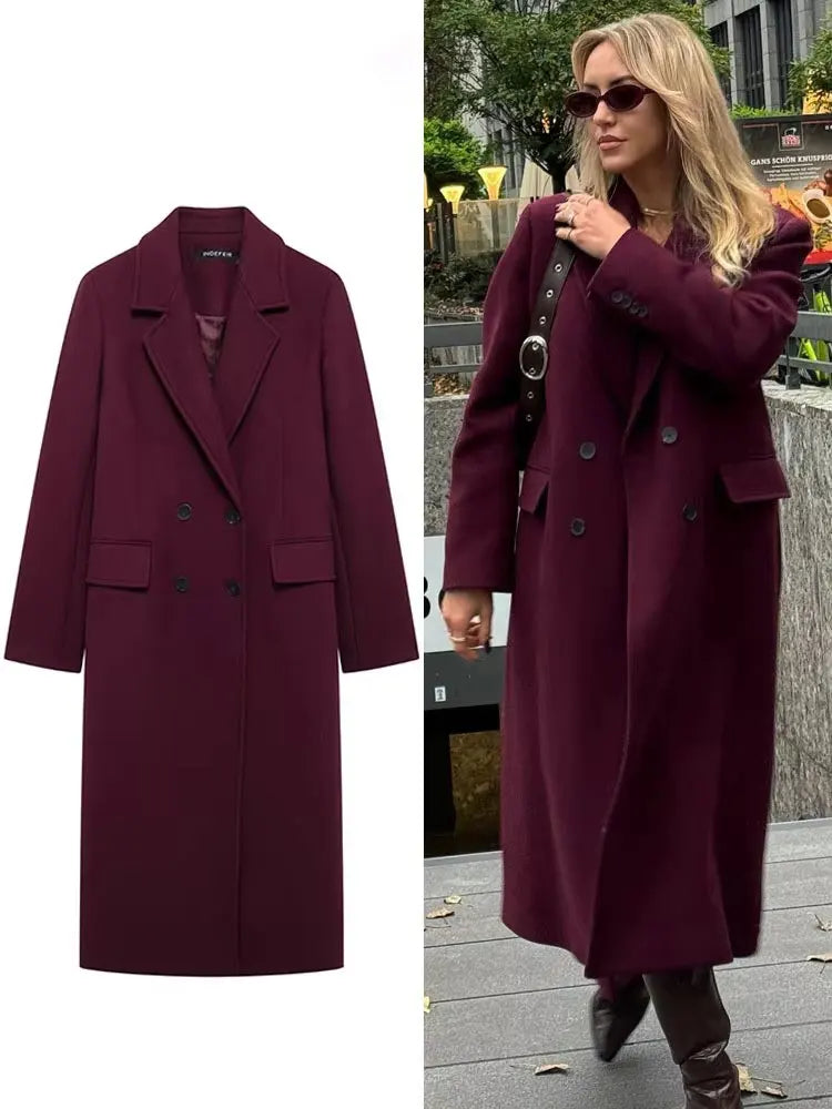 Burgundy Double-Breasted Lapel Coat – Autumn Winter High Street Fashion Jacket Women
