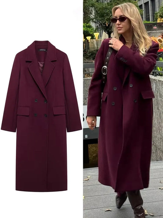 Burgundy Double-Breasted Lapel Coat – Autumn Winter High Street Fashion Jacket Women