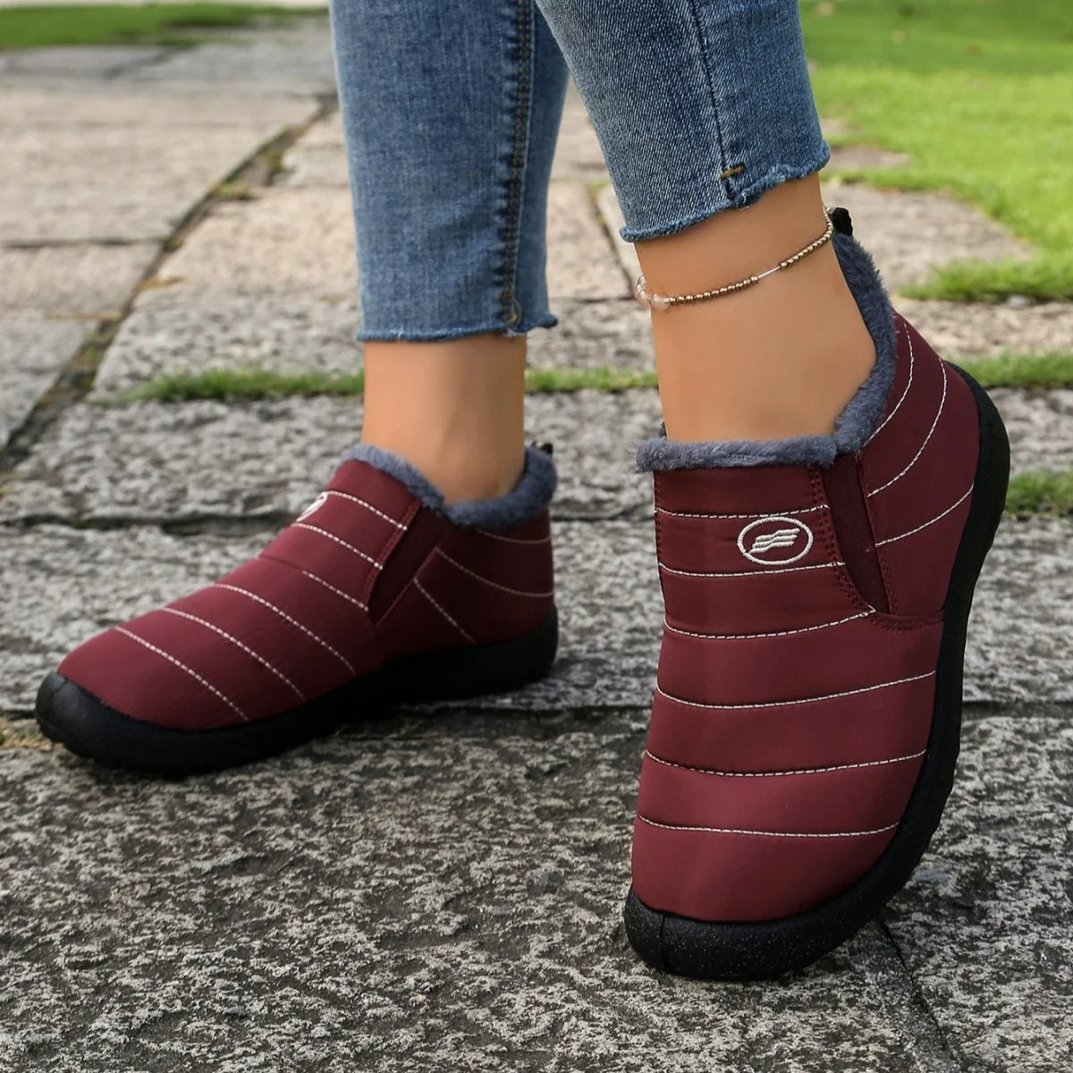 Fur Lined Ankle Boots Women Winter Warm Waterproof Slip-On Short Shoes