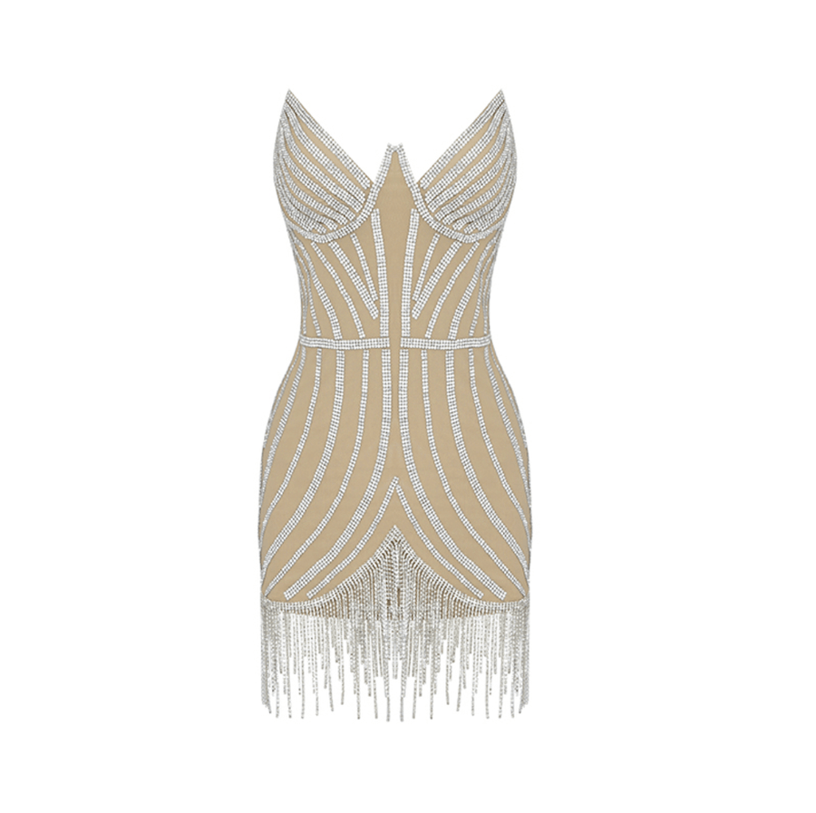  Rhinestone Beige Mini Dress -  - DYAVOR® 