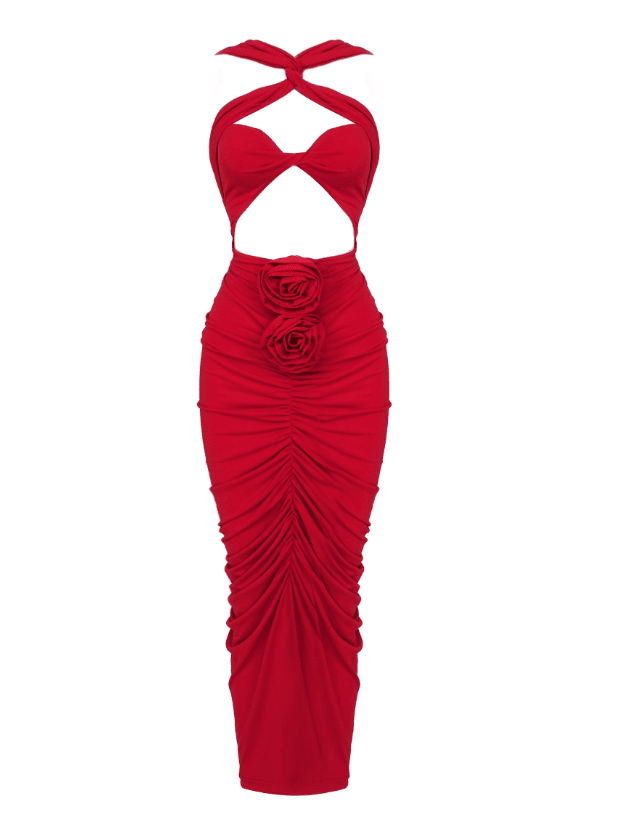  Red Maxi Dress with Cutouts and Flowers -  - DYAVOR® 