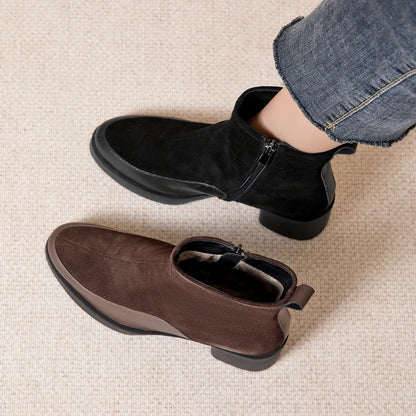 Genuine Leather Chunky High Heel Short Boots Pointed Toe Women