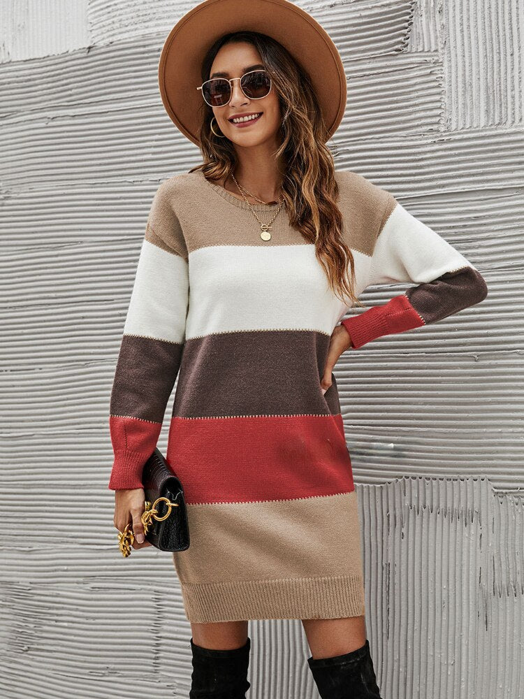 Tops Women 2022 Autumn Winter New Round Neck Sweater Women's Color Matching Dress Long Sweater Long Sleeve Pullover Streetwear