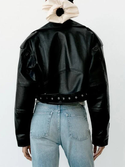 Oversized Vintage Faux Leather Moto Biker Jacket – Belted Retro Streetwear Women