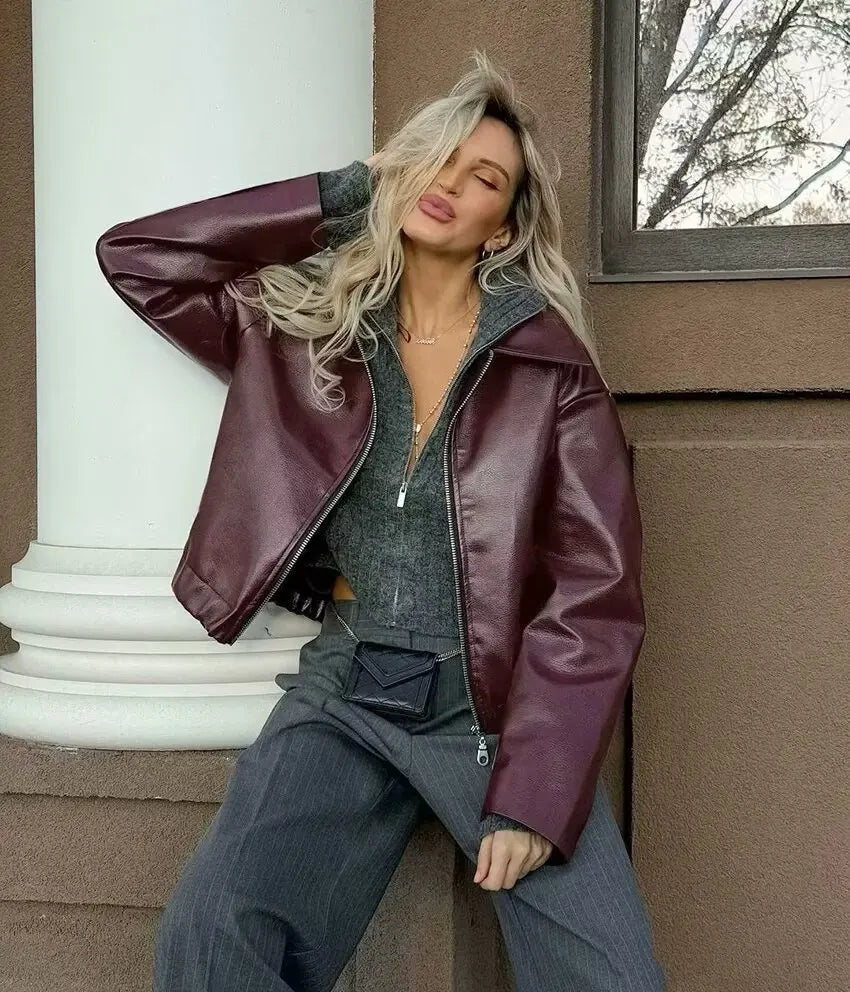 Wine Red Faux Leather Jacket – Autumn Winter Streetwear Fashion Outerwear Women