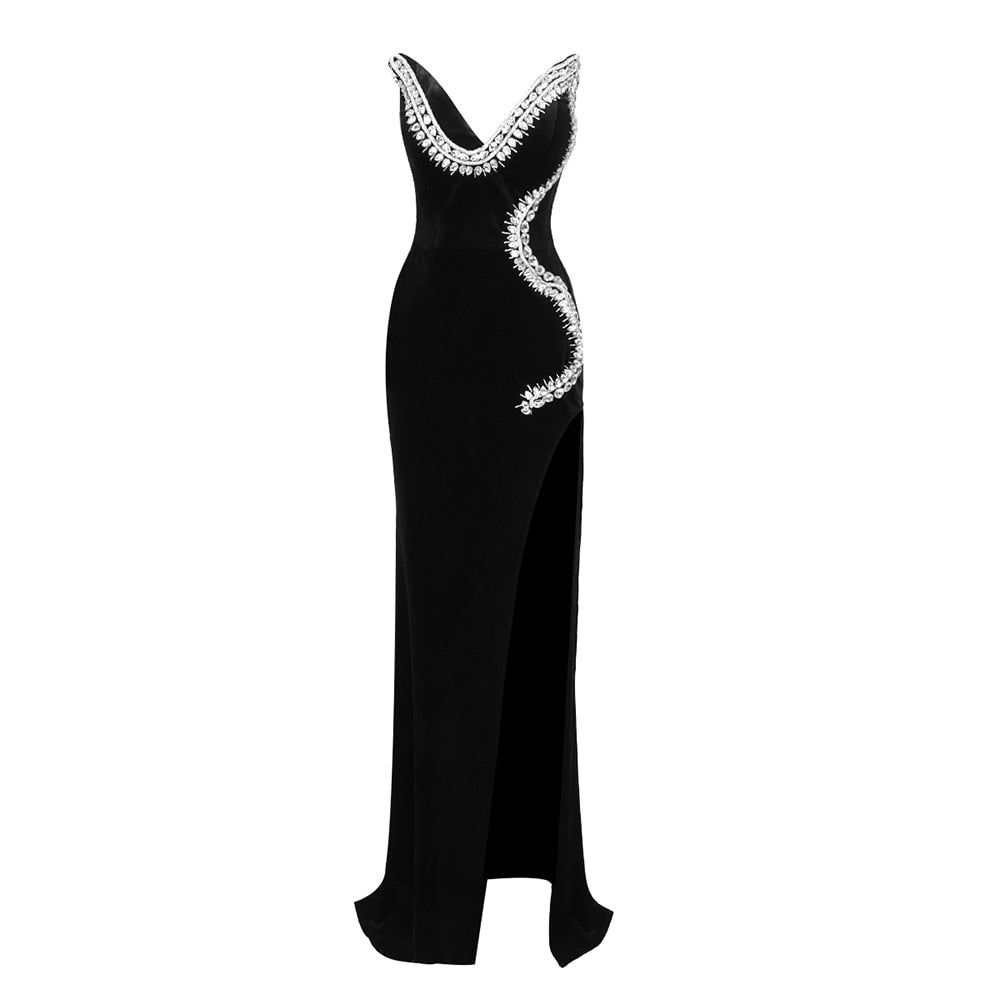  Black Velvet Dress with Slit and Open Shoulders -  - DYAVOR® 