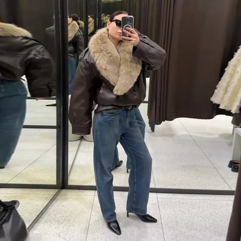 Women’s Double-Breasted Leather Jacket with Detachable Fur Collar