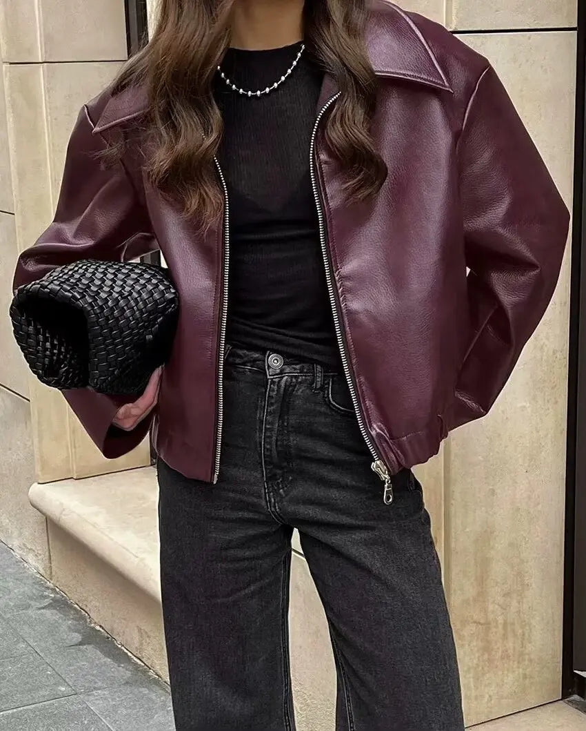 Wine Red Faux Leather Jacket – Autumn Winter Streetwear Fashion Outerwear Women