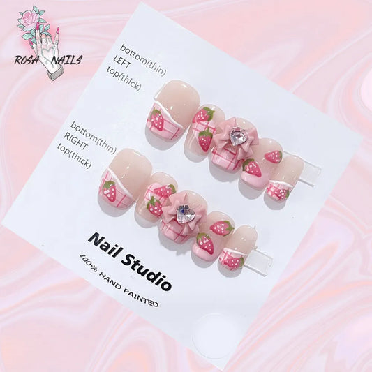 Cute Strawberry Pink Short Handmade Press on Nails Wholesale Kawaii Bows Pressons Bulk Full Cover Square Acrylic False Nail Tips -  - DYAVOR® 