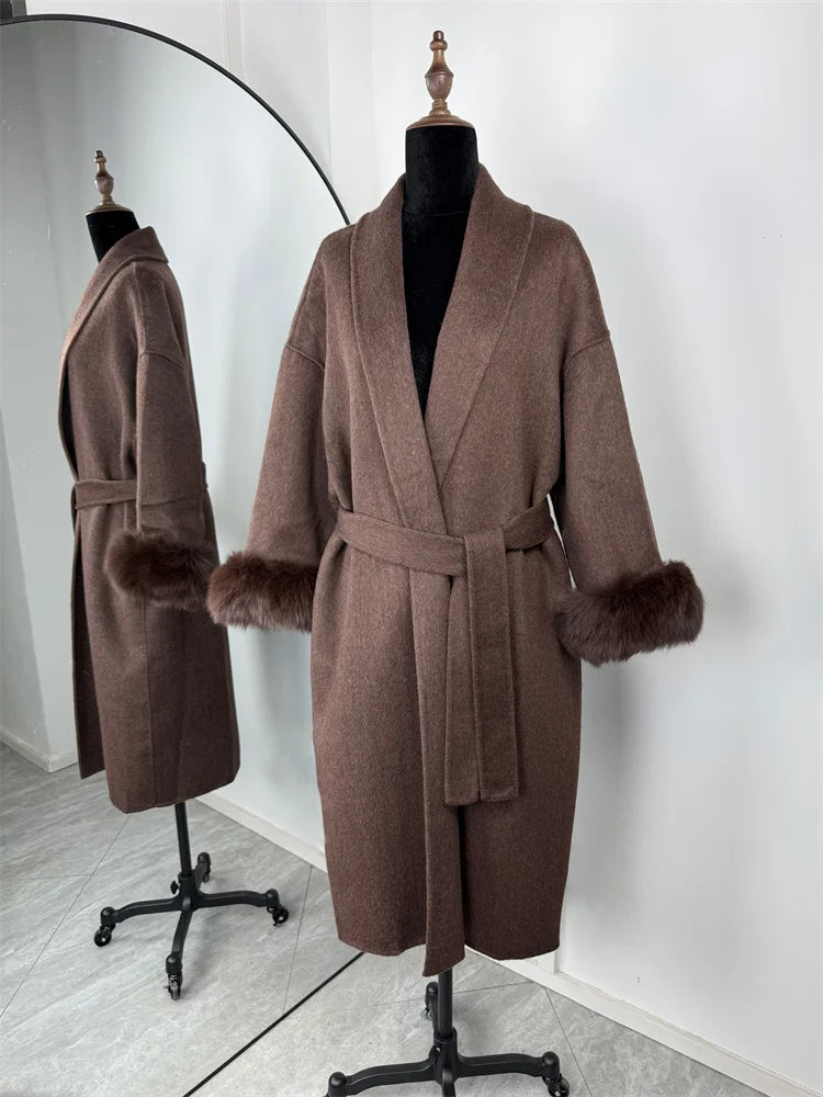Elegant Fox Fur Wool Overcoat For Women – Short Double-Sided Wool Coat 2025